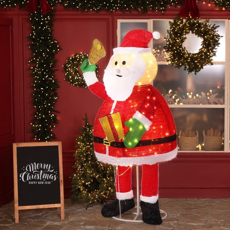 6FT Lighted Santa Claus Holding Bell Christmas Yard Decorations for Xmas Outdoor Holiday Indoor Decor Lighted Holiday Displays