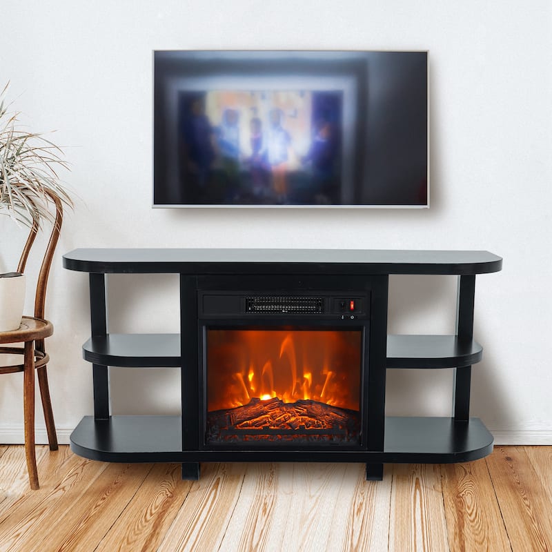 48" Black Wood TV Stand with 18" Black Insert Electric Fireplace