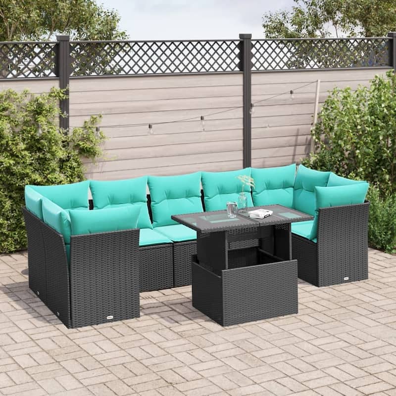 vidaXL 8 Piece Garden Sofa Set with Cushions Black Poly Rattan - 24.41 x 24.41 x 27.17