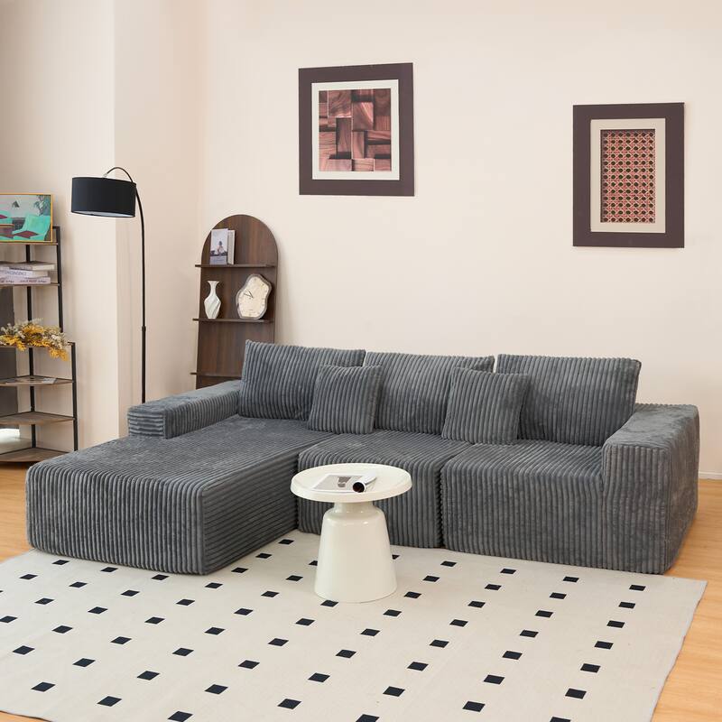 Modular Sectional Sofa with L-Shape Chaise, Full-Compressed Boneless Cloud Sofa, Corduroy Upholstered 3 Seater Sofa