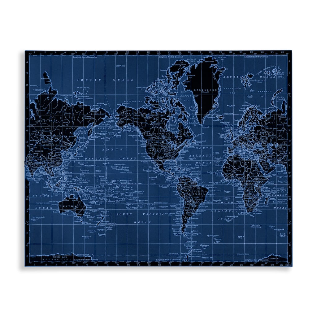 Stupell Blue Toned World Map Canvas Wall Art Design By Phillipa Katz