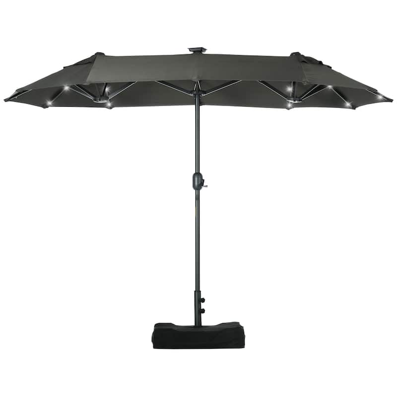 Outsunny Double-sided Patio Umbrella with Solar Lights and Sandbag Base, Outdoor Table Umbrella with Push Button Tilt, Crank