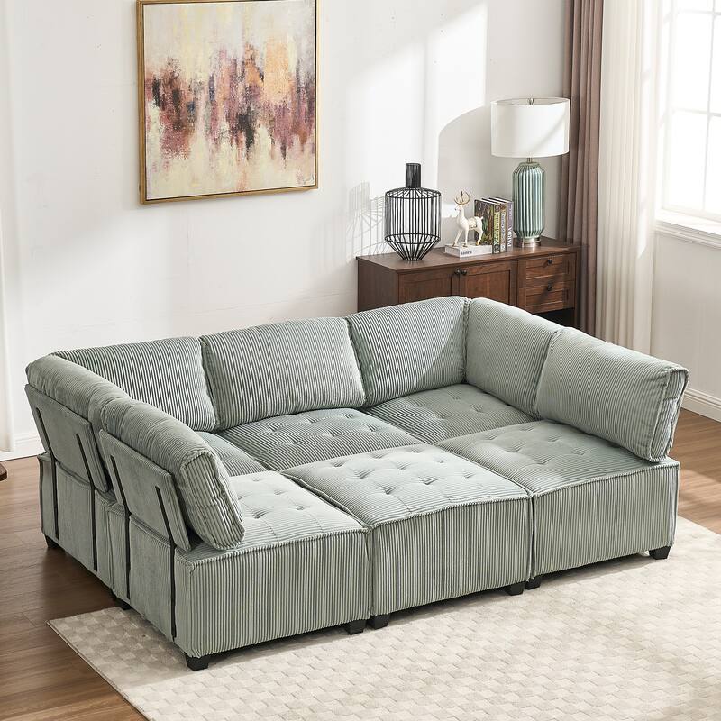 Ergonomic Lounge Modular Couch Corduroy Sectional Sofa with Deep Seat Ottoman Chaise and High-Rebound Thick Cushions