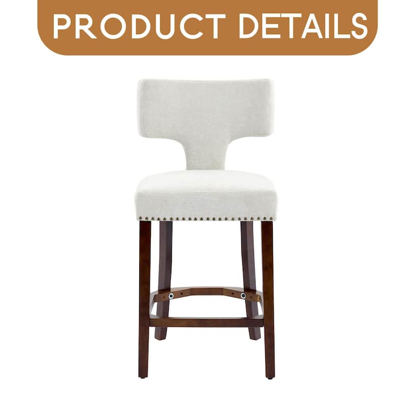Mid Century Modern Counter Height Bar Stools Set of 2, Farmhouse Linen Fabric Upholstered Accent Chair Curved Backrest