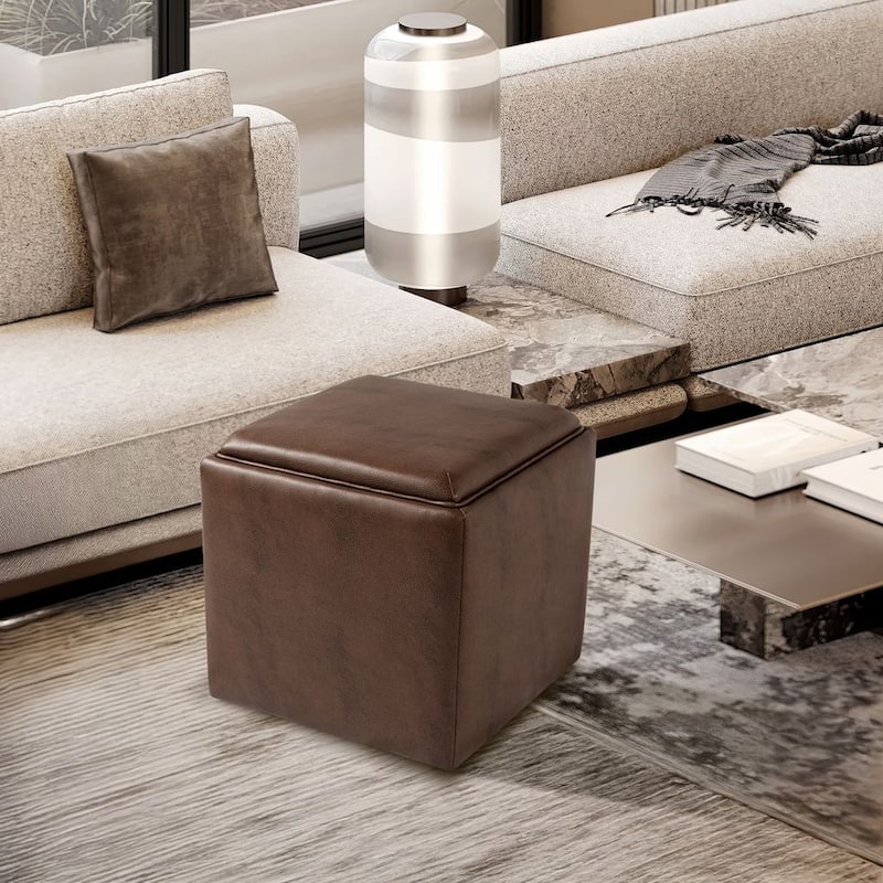 HomePop Storage Ottoman with Tray Top - Brown Faux Leather