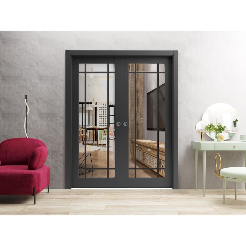 French Double Pocket Doors 36x80 Lucia 2266 Matte Black Kit Trims Rail
