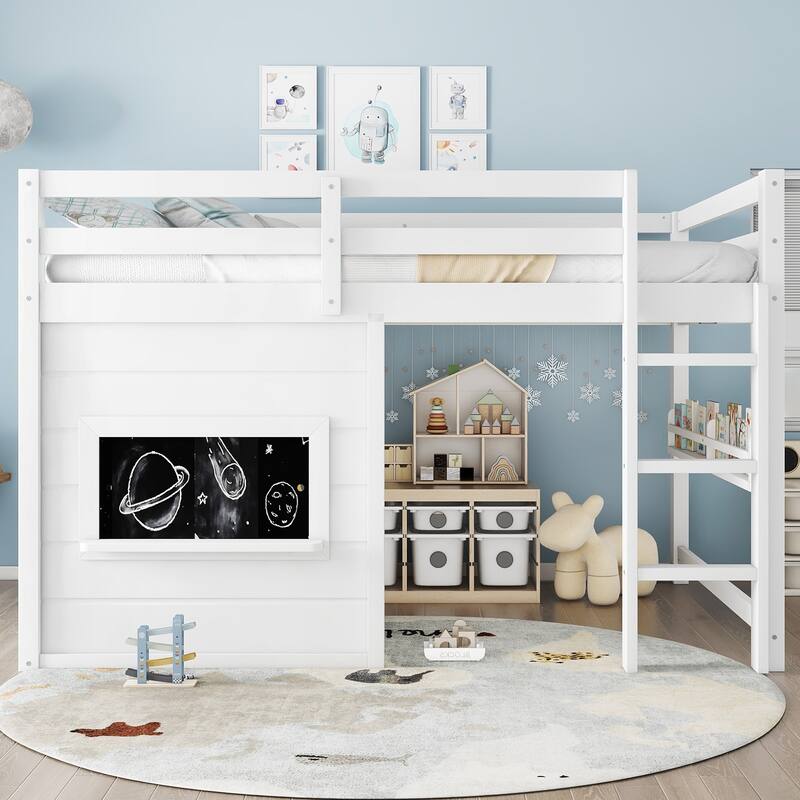 Kids Playful Loft Bed with Built-in Bookshelf and Sliding Chalkboard