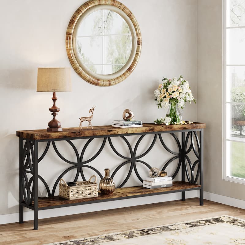 70.9 Inches Industrial Sofa Console Table with Storage Shelf - 70.9" L × 11.8" W × 31.9" H - Rustic Brown
