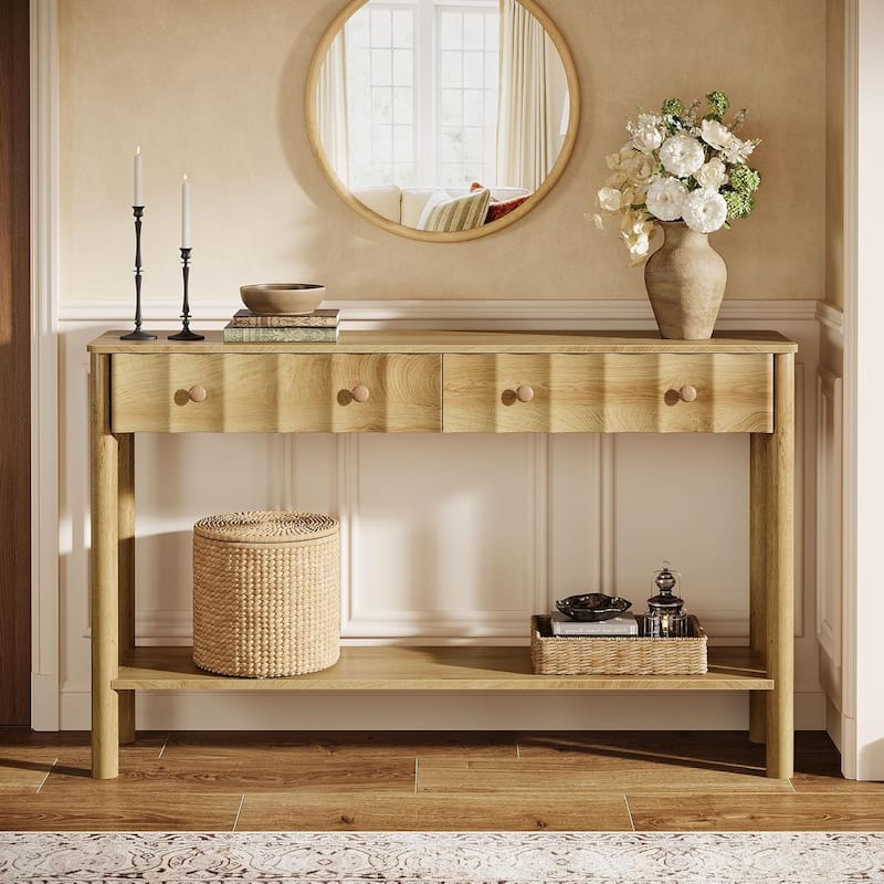 55-Inch Modern Console Entryway Table with 2 Drawers and Open Shelf - 55.11" W x 13.7" D x 35.43" H