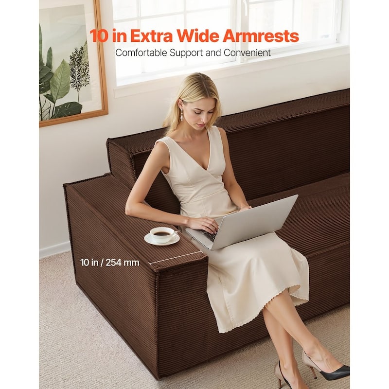 83" Brown Corduroy Fabric Sofa Couch Extra-Long Comfortable Seating with Wide Armrests - 38.19” x 83” x 28.7”