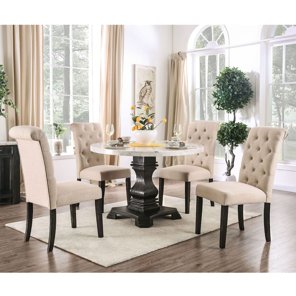 Brec Farmhouse Marble Top 5-Piece Round Dining Table Set with Tufted Chairs by Furniture of America