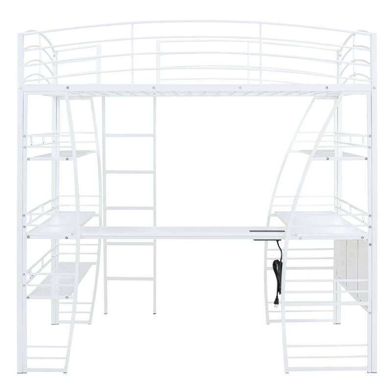 Metal Loft Bed with Shelves, L-Shaped Desk, Sockets, USB Ports, Wireless Charging