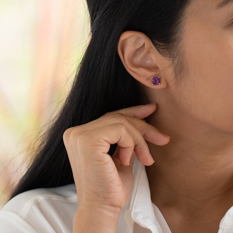 14k Yellow Gold Amethyst Stud Earrings 1.98 ct Princess Shape