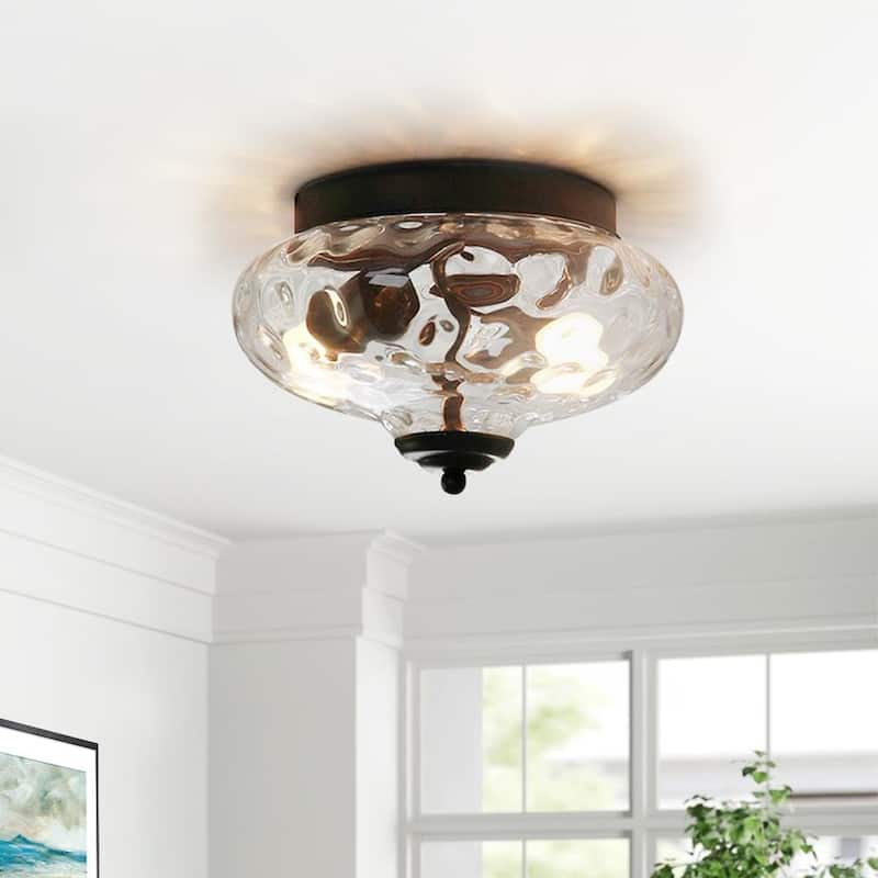 Modern Farmhouse 2-light Water Pattern Hammered Glass Flush Mount 9in