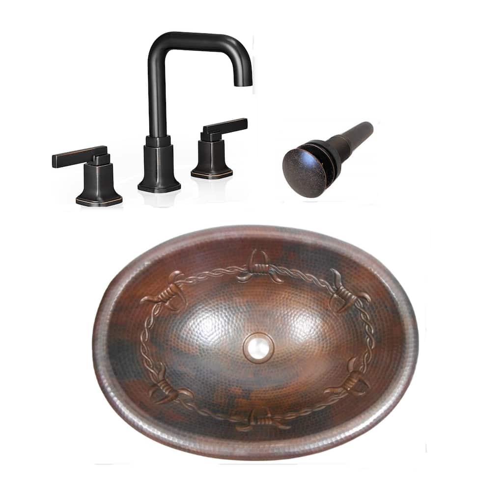 19" Oval Copper Bathroom Sink with Barbed Wire Design, Faucet & Drain included - 19" x 14" x 5"