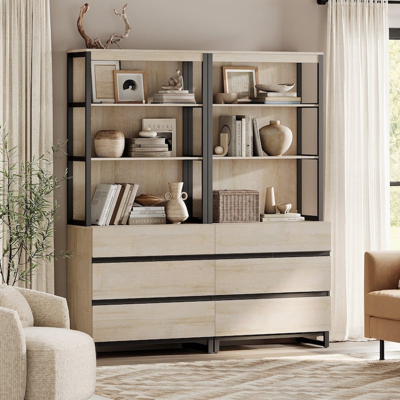 WAMPAT Modern 72" Tall Bookcase with Drawers and Open Book Shelfs, Library Book Shelf for Home Office, Living Room