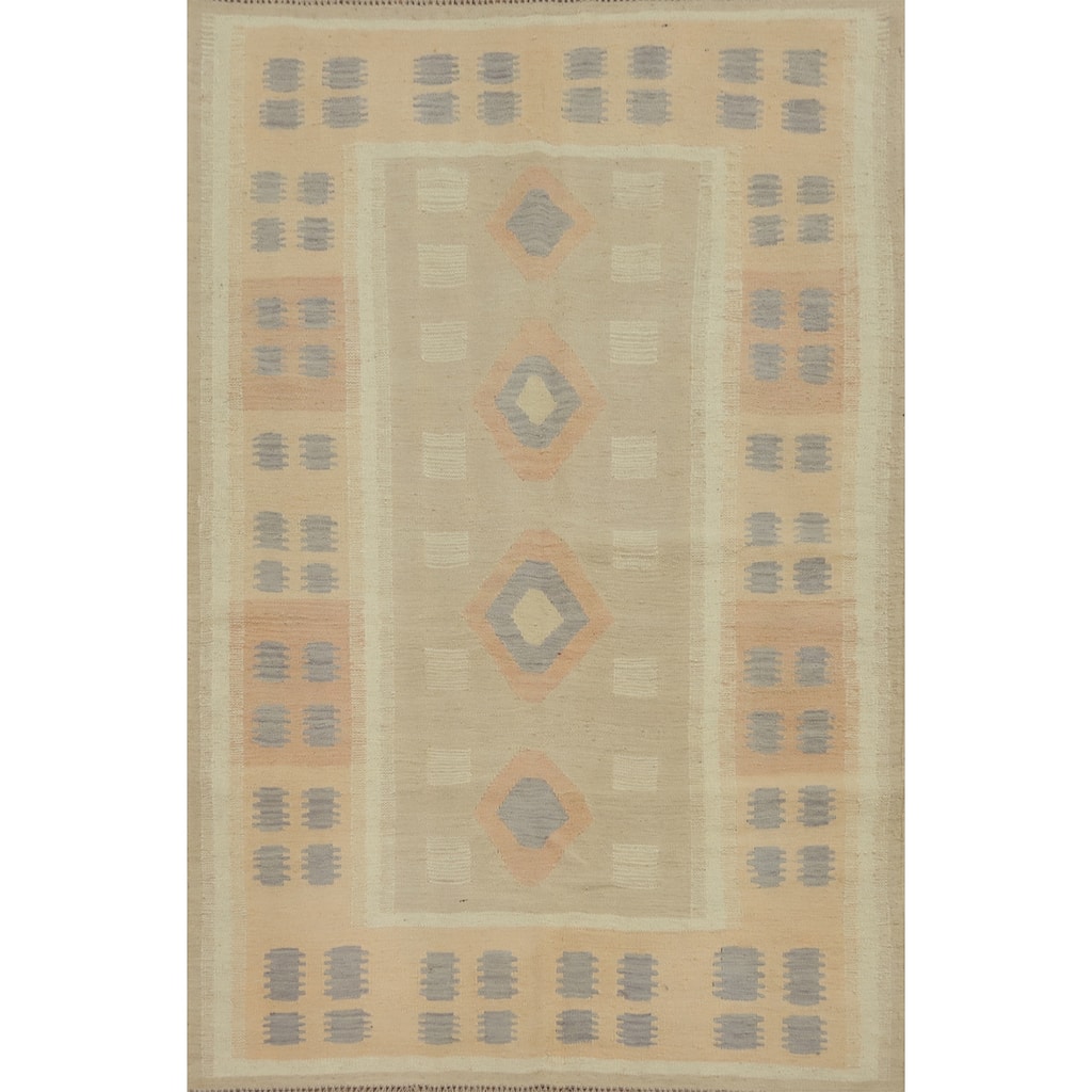 Hand Woven Oriental 100% Wool Carpet Southwestern Tribal Beige & Ivories Kilim Area Rug - 5' 11'' X 4' 0''