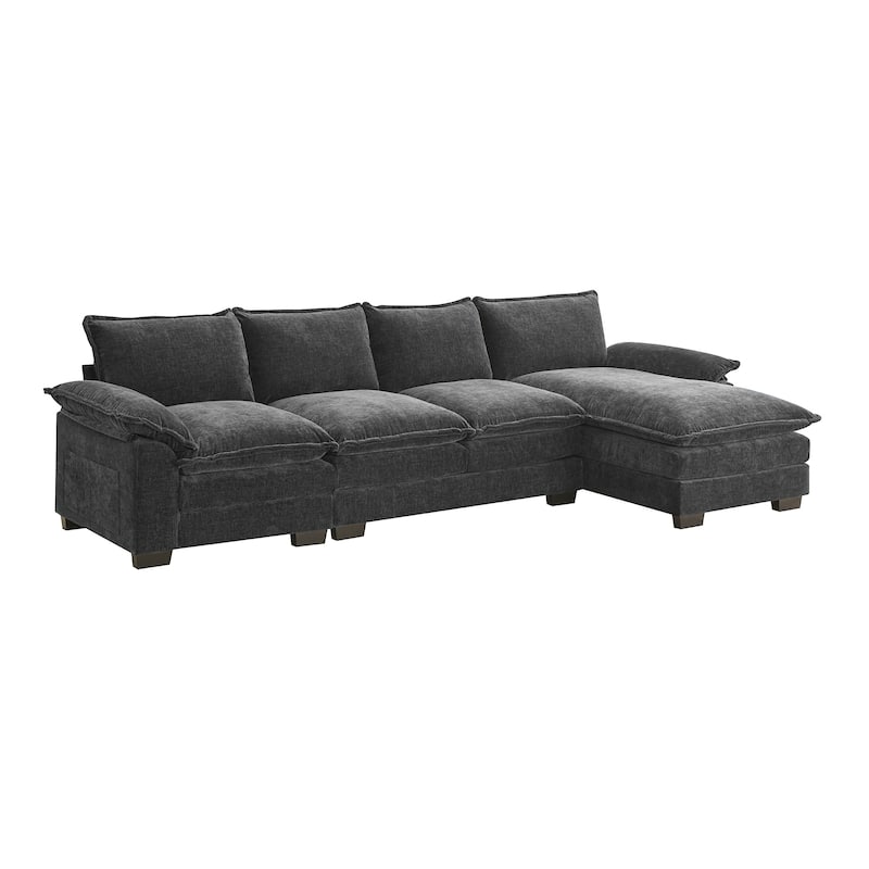 Chenille Upholstered Sectional Sofa with Chaise and Storage Pockets, 5 Seat Lounge Cloud Couch L-shaped Recliner Couches