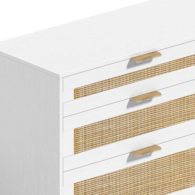 6 Drawers Rattan Dresser, Wooden Storage Wardrobe Dresser, Floor Standing Storage Cabinet with Metal Handle & Wood Legs