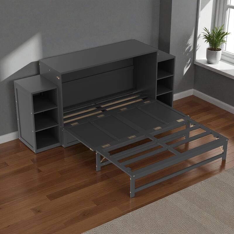 Full/Queen Size Murphy Bed with Storage Drawers and Shelves, Space-Saving Foldable Wall Bed for Guest Room