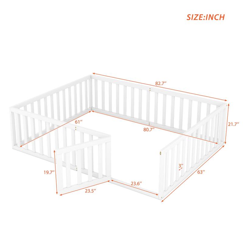 Queen Size Wooden Floor Bed Frame with Safety Fence and Door, White/Gray/Walnut/Natural Options