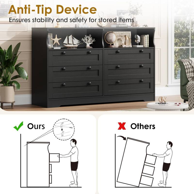 6 Drawer Dresser for Bedroom, 55" Wood Chest of Drawers with Charging Station, LED Lights and 2 Storage Compartments