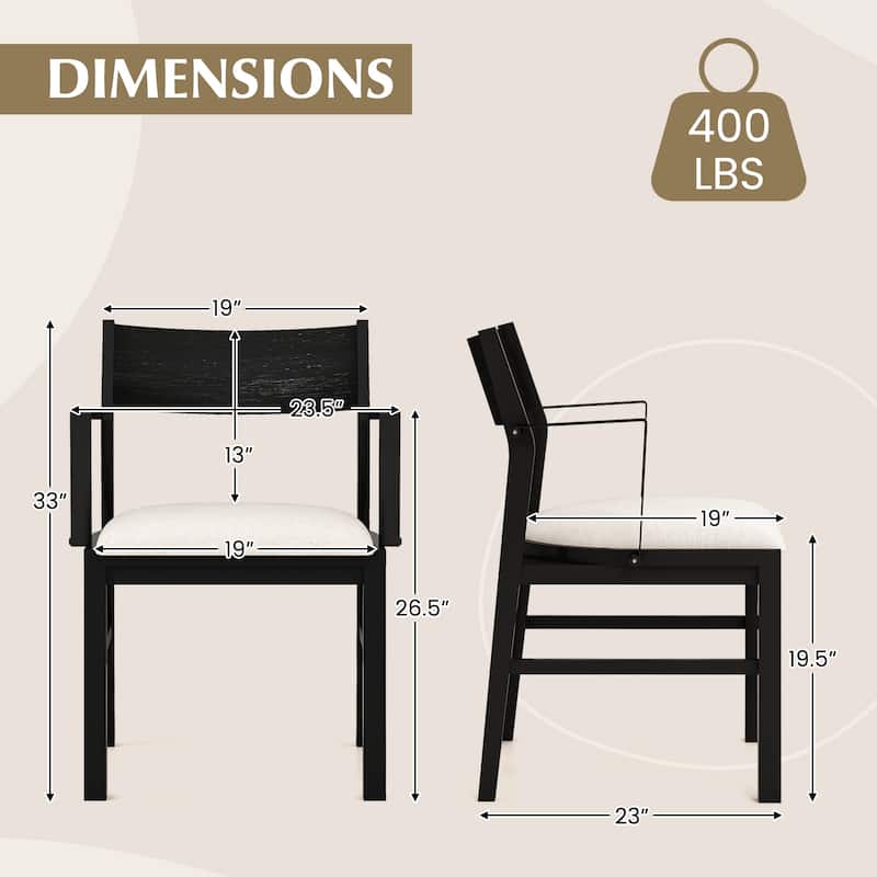 Set of 2 Dining Chairs with Rubber Wood Legs and Linen Upholstery Thick Cushion Metal Armrests - 23.5"L x 23"W x 33"H