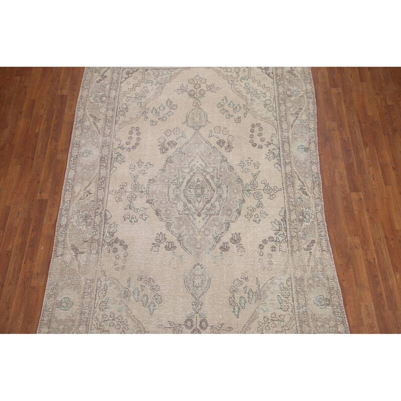 Hand Knotted Oriental 100% Wool Carpet Traditional Medallion Beige & Ivories Tabriz Area Rug - 9' 11'' X 6' 2''