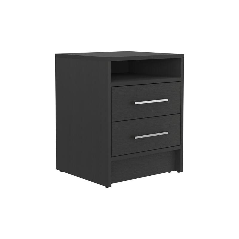 Black Nightstand with Two Drawers and Open Shelf, Metal Handles