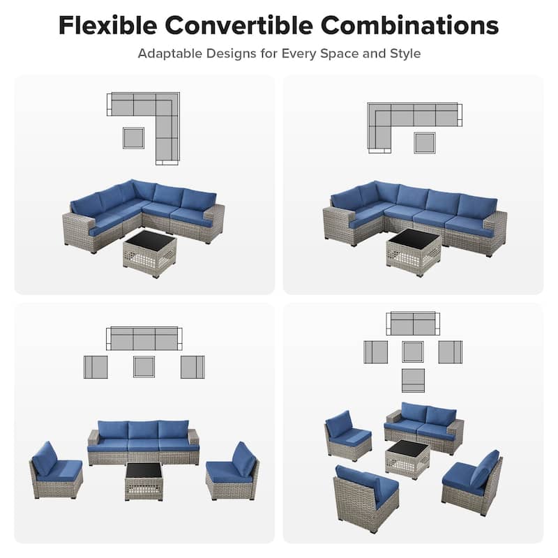 Gymojoy Outdoor Wicker Sectional Sofa Set with Glass Table, Wide Armrests & Water-resistant Cushions, Patio Furniture for Garden