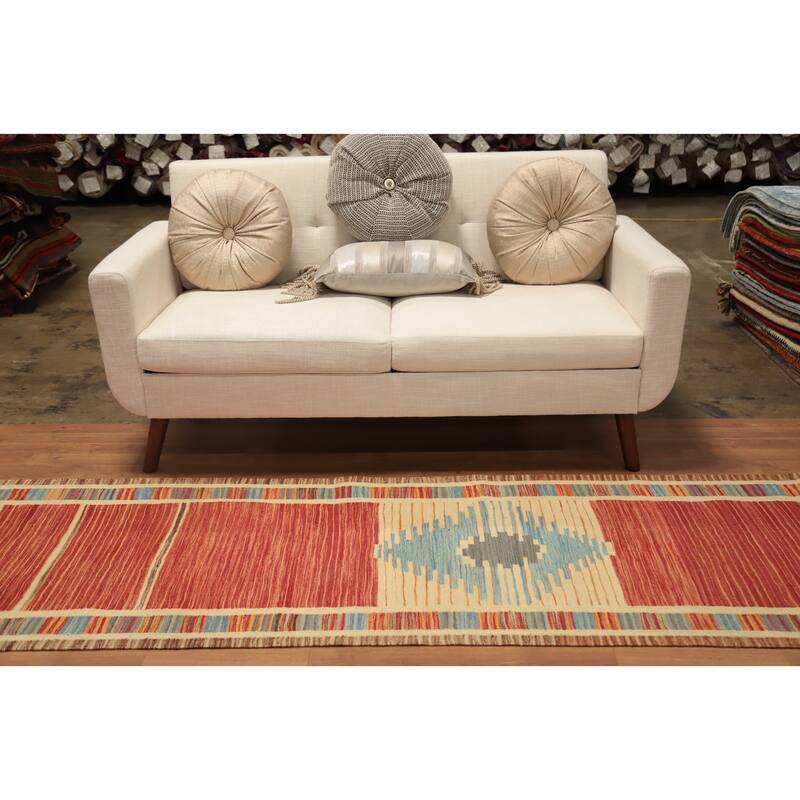 Hand Woven Oriental 100% Wool Carpet Southwestern Tribal Oranges & Rust Kilim Runner Rug - 12' 1'' X 2' 8''