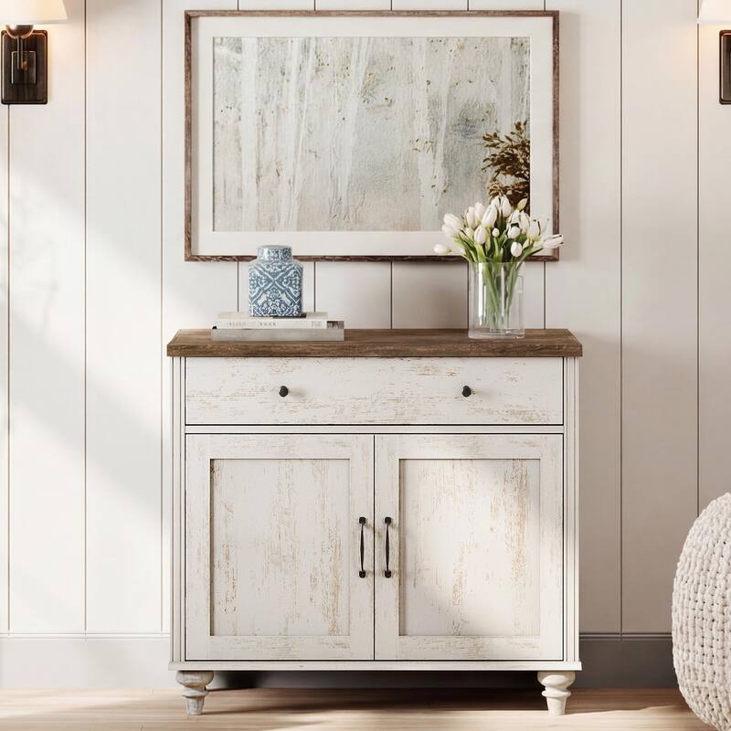Farmhouse Sideboard, Buffet Cabinet with Storage Cabinets - 34inch - Rustic White