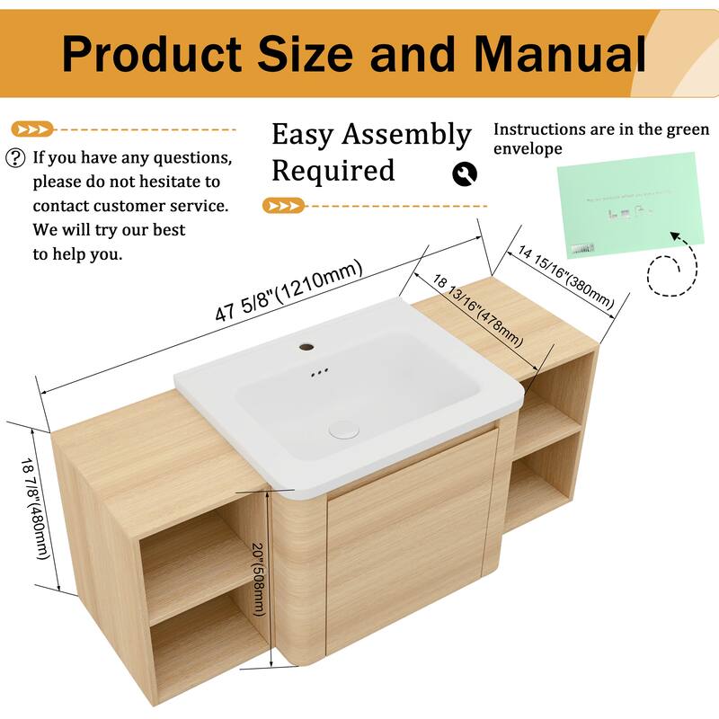 Malwee 24"/36"/48"/60" Floating Bathroom Vanity, Wall Mounted Bathroom Vanity with Ceramic Sink,Soft Close Door and Shelf