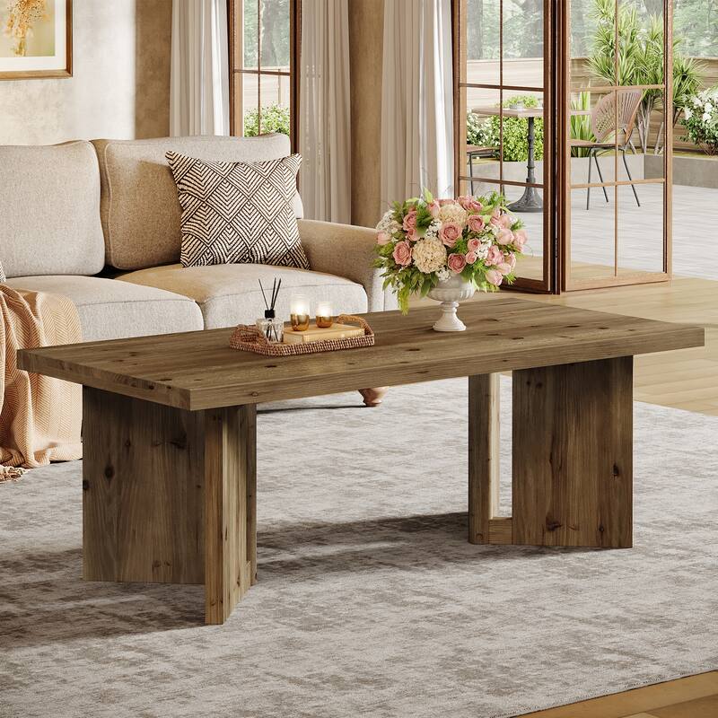 47-Inch Rustic Wood Coffee Table, Farmhouse Rectangle Center Table - Brown
