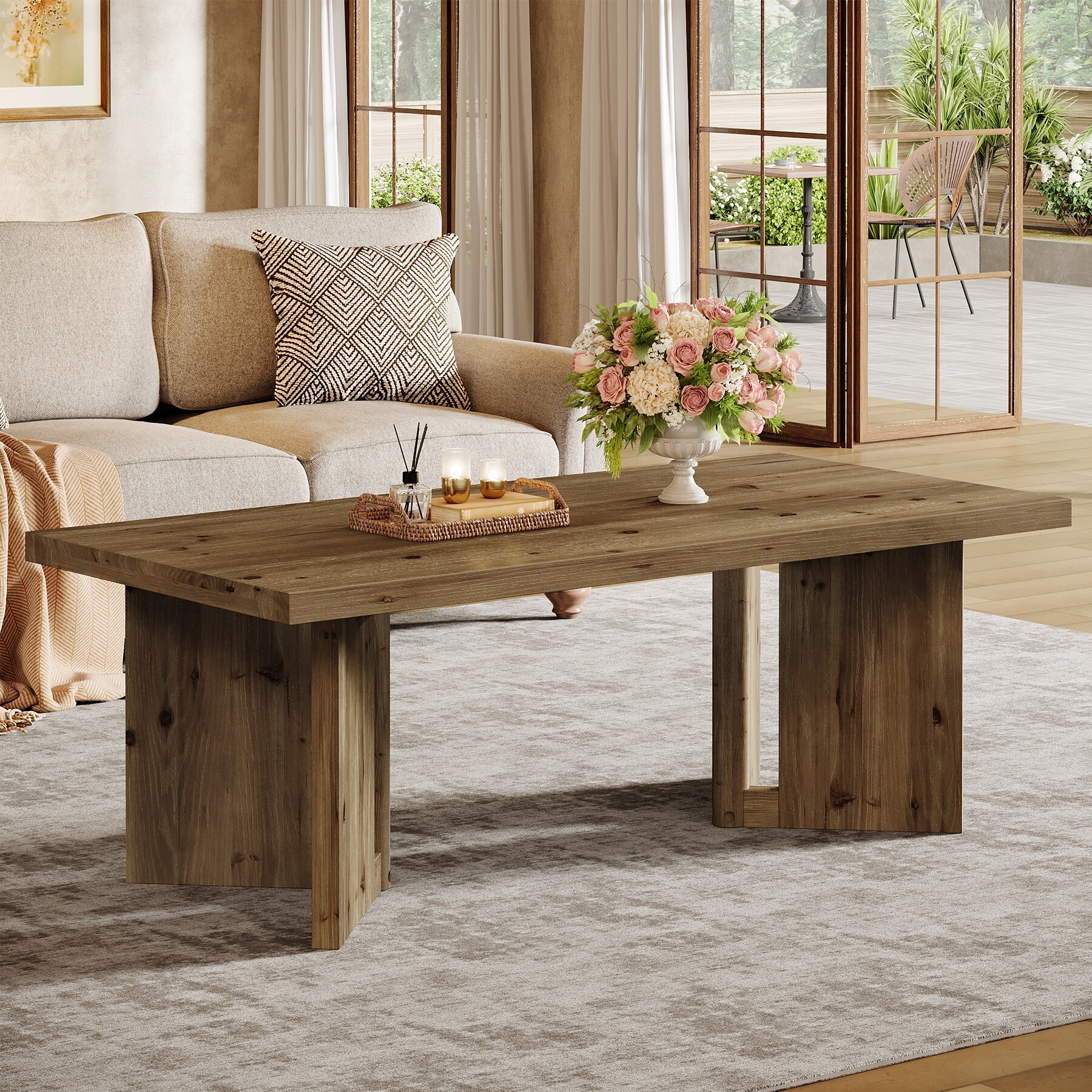 47-Inch Rustic Wood Coffee Table, Farmhouse Rectangle Center Table