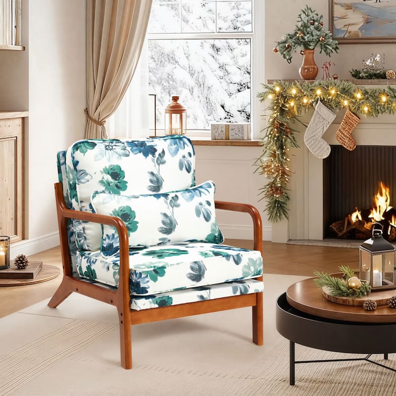 EROMMY Mid Century Modern Accent Chair - Floral Lounge Chair with Solid Rubber Wood Frame, 330lbs Capacity, Green - Single Chair