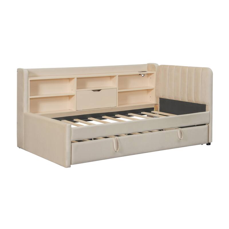 Versatile Upholstered Daybed with Trundle,Storage Shelves,and Integrated Charging Station