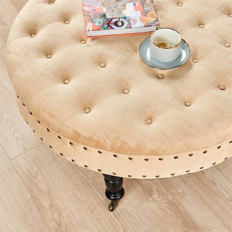 Round Velvet Tufted Coffee Table Ottoman, 34" x 34" x 17" H