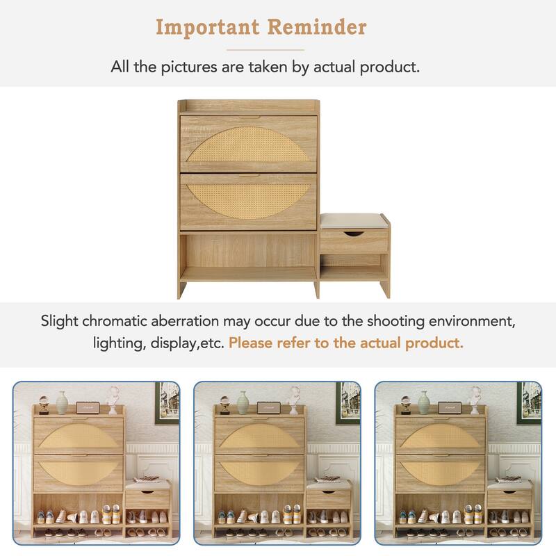 Roomfitters Rattan Shoe Storage Cabinet with Bench and Flip Compartments for Entryway, Light Brown