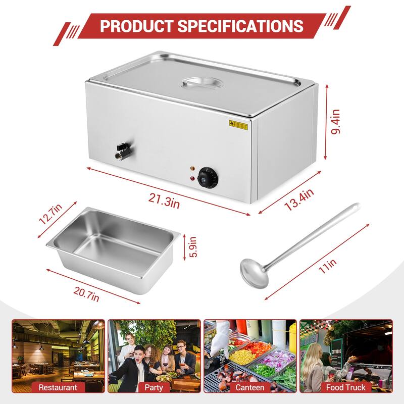 21QT Electric Commercial Food Warmer, Stainless Steel Bain Marie Steam Table Countertop Soup Station for Parties Buffet