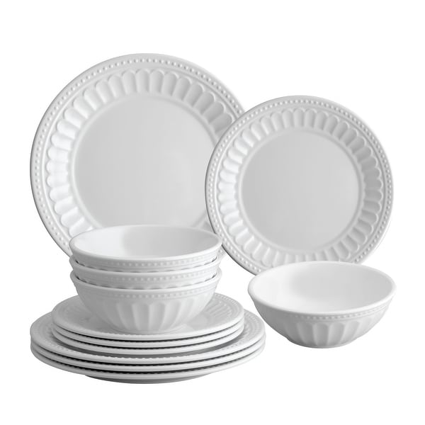 UPware 12 Piece Beaded Chateau Melamine Dinnerware Set White On
