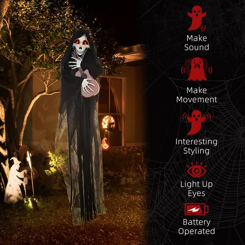 4.3' Outdoor Halloween Decoration Animatronic Guitar playing Grim Reaper Sound Motion Activated Light Up Eyes Guitar Music