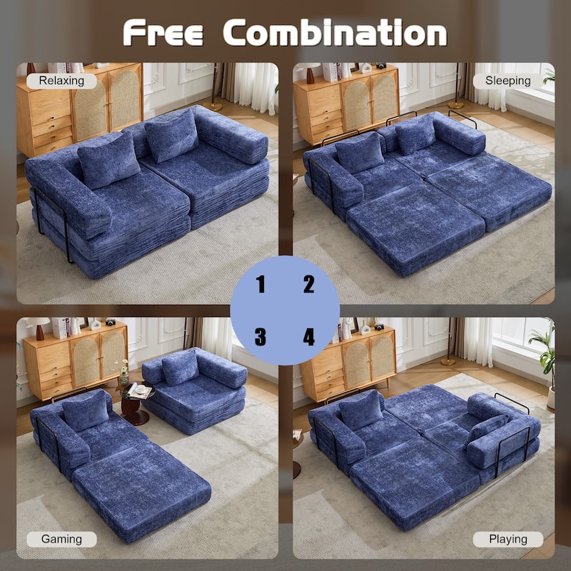 Convertible Floor Sofa Bed - Fixed Frame Chenille Loveseat, Modular Sectional, No Assembly Required