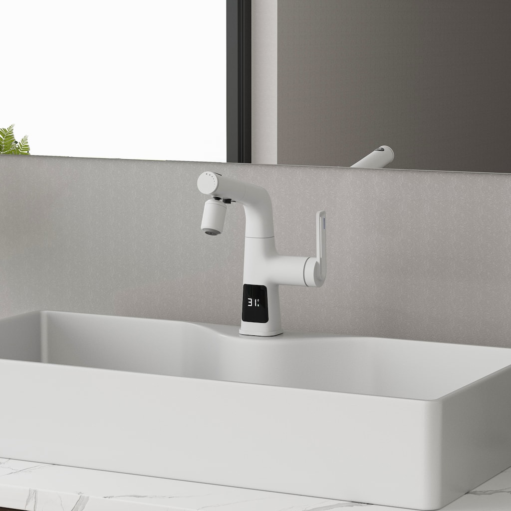 Modland 5-Way LED Bathroom Sink Faucet Single Hole with Pull Out Spray in White/Chrome