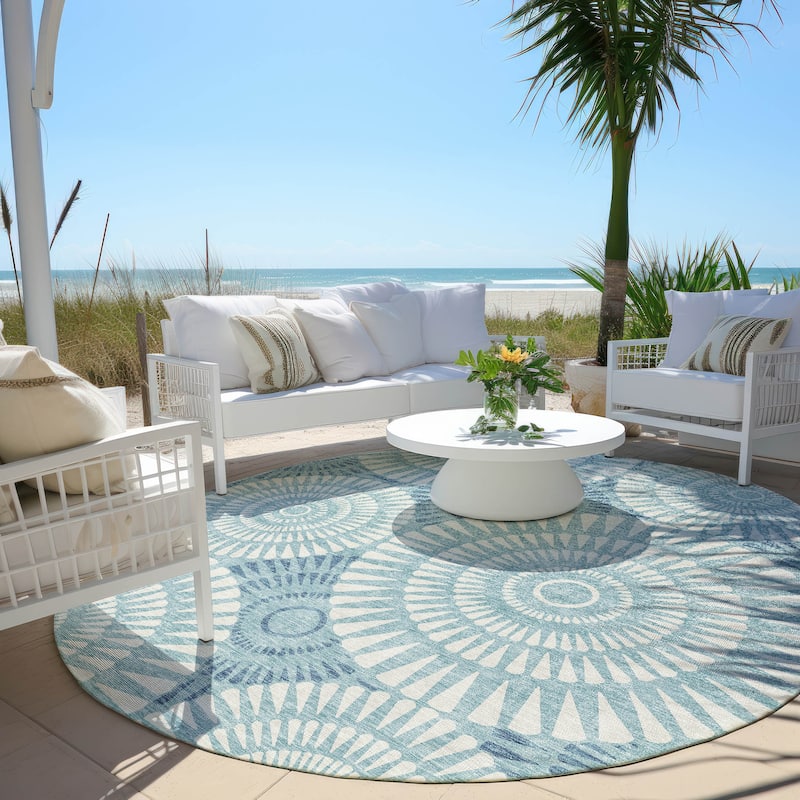 Machine Washable Indoor/ Outdoor Chantille Modern Burst Rug - Teal - 8' x 8'