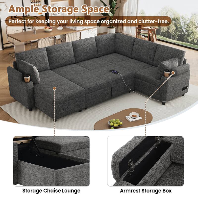 109.9" U-Shaped Convertible Sectional Sofa Bed with Storage Chaise Cup Holders Power Outlets USB Ports Chenille Couch