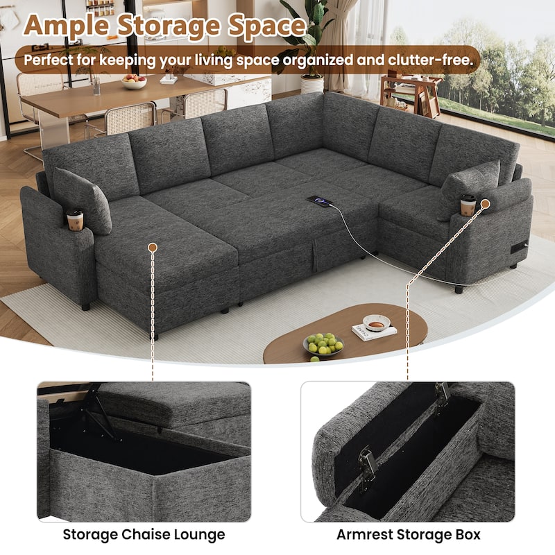 U-shaped Sofa, Chenille Sectional Sofa with 2 Cup Holders and Charging Ports Livingroom Sleeper Recliner Sofa Couch