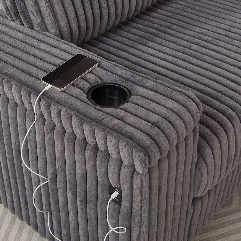 110-Inch L-Shape Oversized Corduroy Corner Sofa with Two Storage Spaces,USB Port, Type-C Port and Cup-Holder