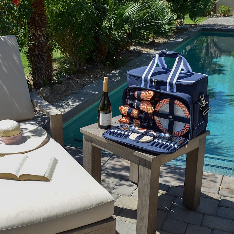 Picnic at Ascot- Ultimate Insulated Picnic Cooler Bag with Service for 4 - Navy w/ Diamond Orange
