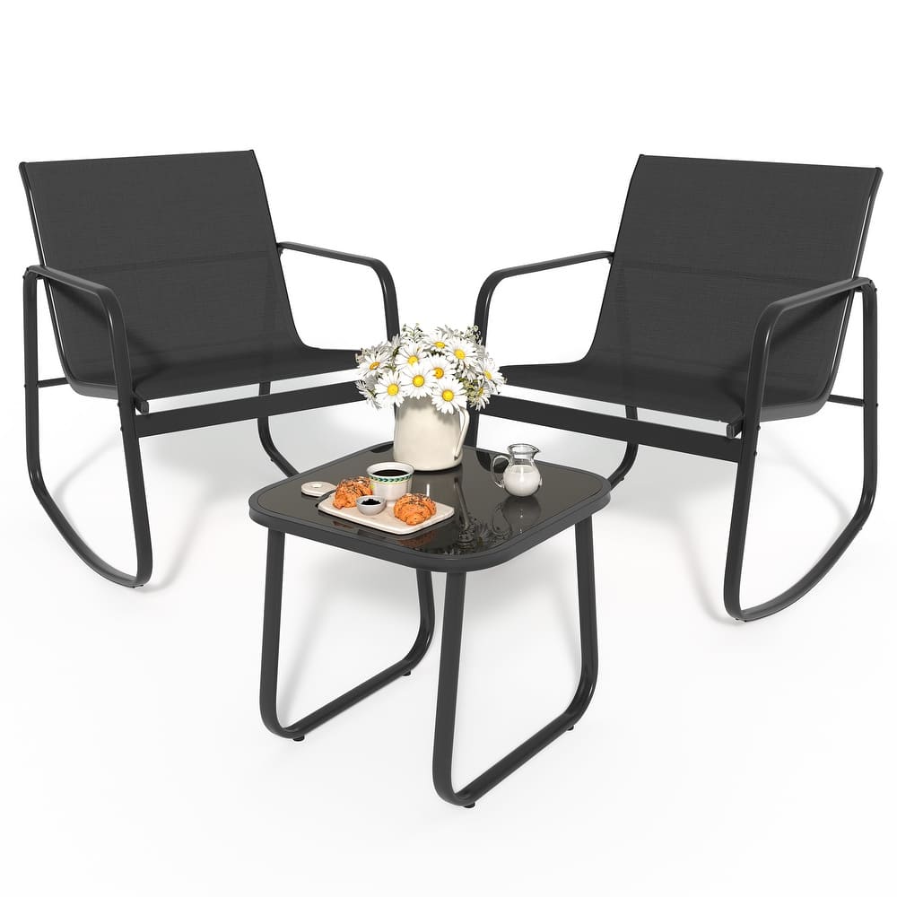 Moasis 3 Piece Rocking Patio Furniture Bistro Set with Chairs and Glass Table